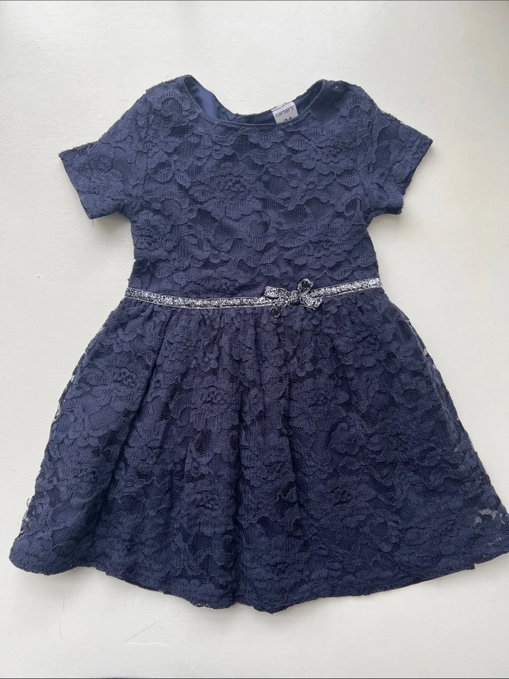 Carter's Navy Lace Party Dress with Silver Sparkle Belt
